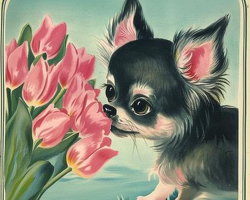 a cute fluffy anthropomorphic dog sniffing pink tulips, huge expressive eyes, vintage Valentine's Day card, 1950's, kitsch, heart, pastel colors, vintage children's illustration, white border, vintage postcard, love --v 6.0 --ar 5:4