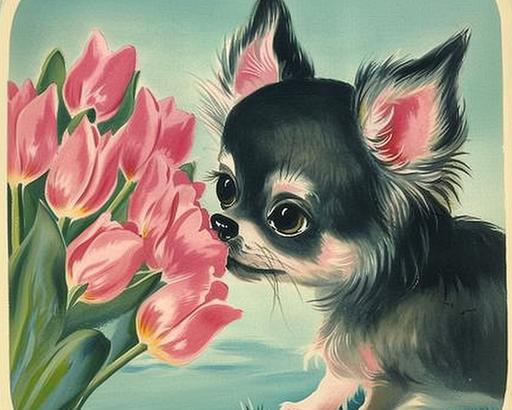 a cute fluffy anthropomorphic dog sniffing pink tulips, huge expressive eyes, vintage Valentine's Day card, 1950's, kitsch, heart, pastel colors, vintage children's illustration, white border, vintage postcard, love --v 6.0 --ar 5:4