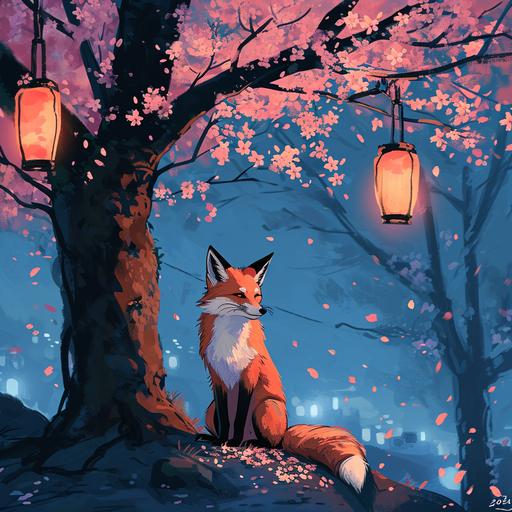 a cute fox sitting under a sakura tree at night, anime, kawaii, Japanese festival, 