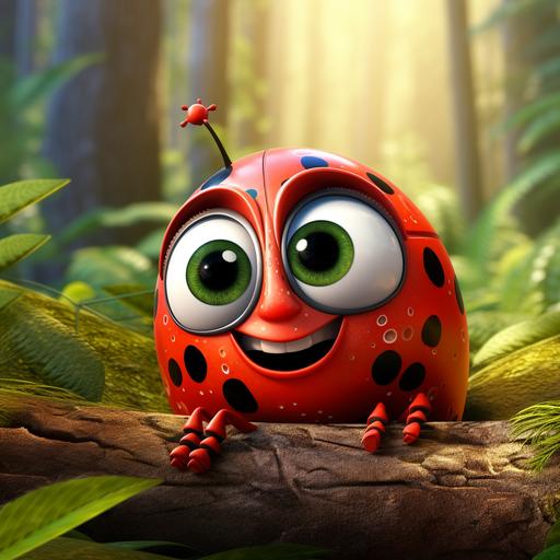 a cute friendly smiling lady bug with big soulful eyes cartoonish, high rez, vibrant bright colors, portrait, bokeh, macro, forest, tree background, sharp detail, cinemtatic lighting --ar 1:1