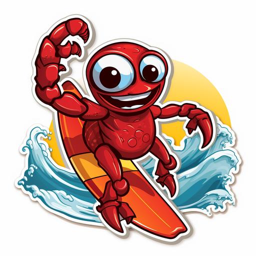 a cute fun pixar style graphic sticker of a red cartoon scorpion riding a wave on a surfboard