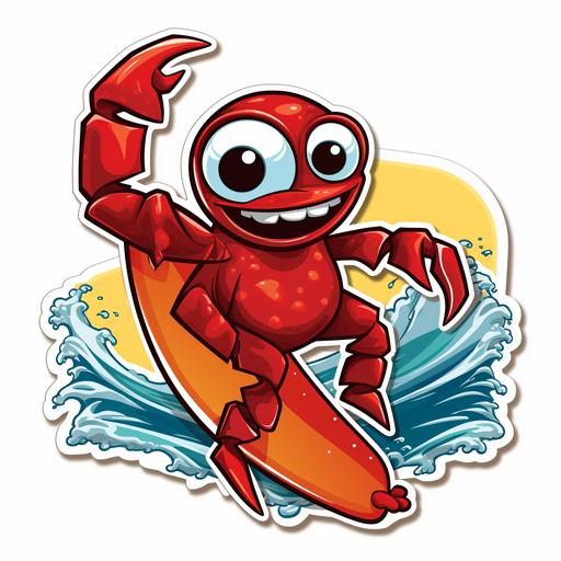 a cute fun pixar style graphic sticker of a red cartoon scorpion riding a wave on a surfboard