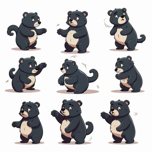 a cute funny bipedal Asiatic black bear, character sheet, cartoon style, cute, character design, multiple poses and expressions, isolated on white background, drawin with very simple lines, vector