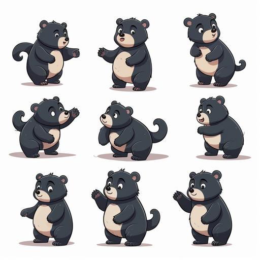 a cute funny bipedal Asiatic black bear, character sheet, cartoon style, cute, character design, multiple poses and expressions, isolated on white background, drawin with very simple lines, vector