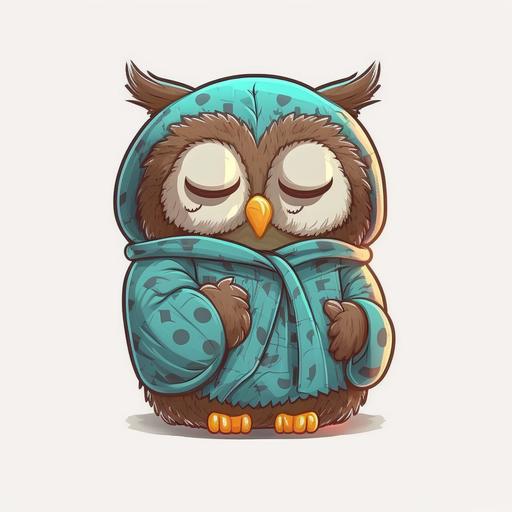 a cute funny owl sleeping in pyjama, cartoon style, sticker, white background, high quality