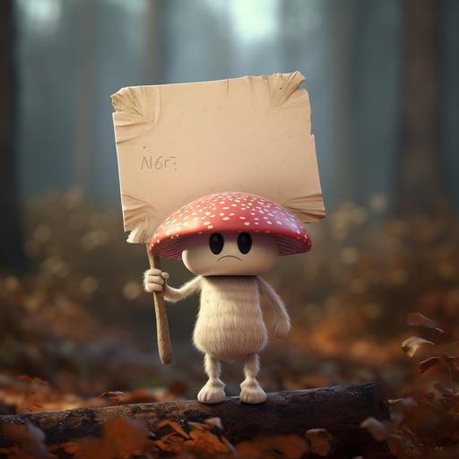 a cute funy human mushroom holding a blank protest sign