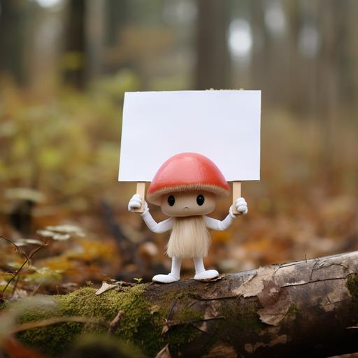 a cute funy human mushroom holding a blank protest sign