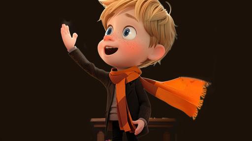 a cute happy 7 year old boy with dirty blonde hair, blue eyes, pixar style, side shot, sitting at a table, laughing face, hands in the air, a dark brown school uniform orange scarf --ar 16:9