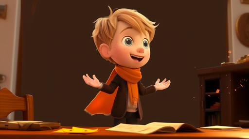 a cute happy 7 year old boy with dirty blonde hair, blue eyes, pixar style, side shot, sitting at a table, laughing face, hands in the air, a dark brown school uniform orange scarf --ar 16:9 --v 6.0