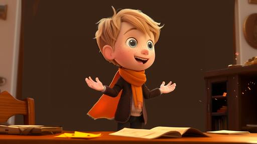 a cute happy 7 year old boy with dirty blonde hair, blue eyes, pixar style, side shot, sitting at a table, laughing face, hands in the air, a dark brown school uniform orange scarf --ar 16:9