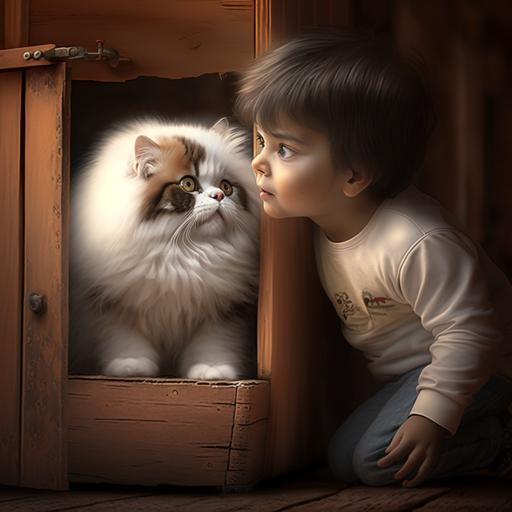 a cute happy white & brown persian cat playing with a boy in the wooden house