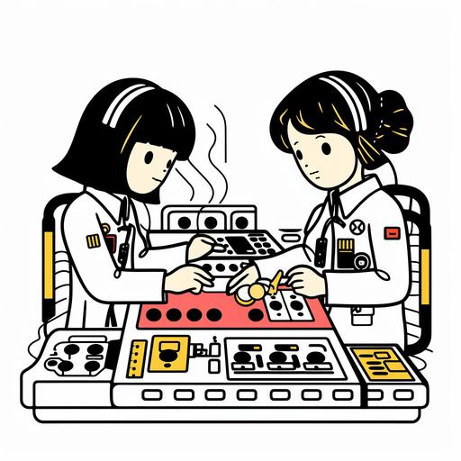 a cute japanese cartoon of two women operating a control panel. include a control panel with levers and buttons. use black lines on white background