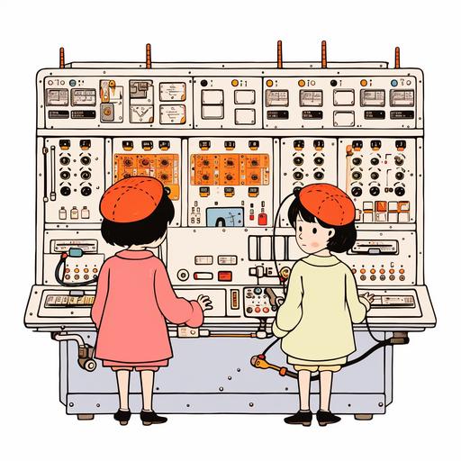 a cute japanese cartoon of two women operating a control panel. include a control panel with levers and buttons. use black lines on white background