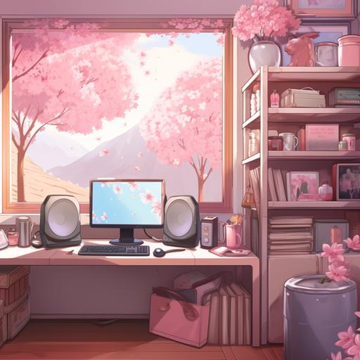 a cute, kawaii, anime, pastel goth, cherry blossom, loading screen, computer room, vtube, streamer, background