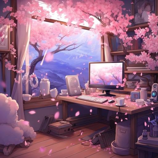 a cute, kawaii, anime, pastel goth, cherry blossom, loading screen, computer room, vtube, streamer, background