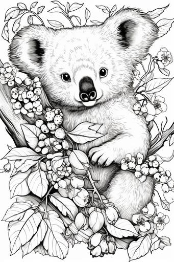 a cute koala, eating in a tree, painted very colorful and florally, in the style of james bullough, digital art techniques, nathan wirth, intricate and bizarre illustrations, dark cyan and green, detailed floral illustrations, 32k uhd black and white cluttered maximalism, coloring page, black-and-white outline, monochrome, simple outline, flat, 2d, on white background::1.5 coloring page, outline::0.5 gradients::-1 --ar 2:3