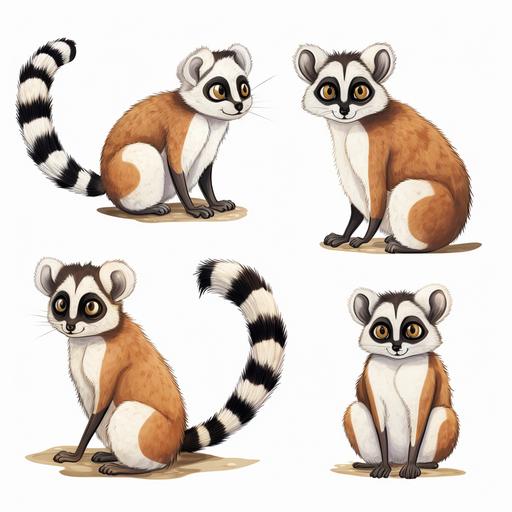 a cute lemur with white tail, minimal, water coloring, front side, back side, side views