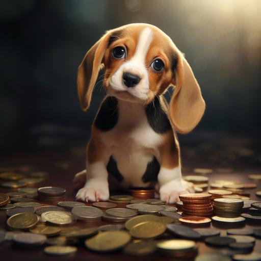a cute little baby beagle dog saving money