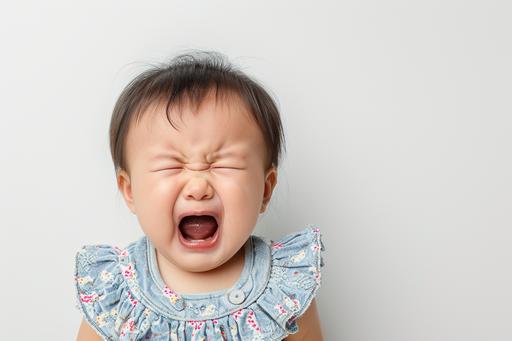 a cute little baby girl child crying and screaming isolated on white background. Professional photography, Photograph with a Sony Alpha a7 III at 1/160 sec, f/3.5. --no dark shadows --ar 3:2 --v 6.0