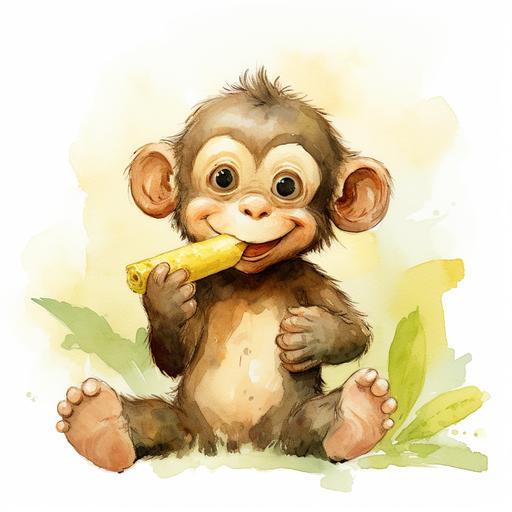 a cute little monkey is eating banana, in the style of eiichiro oda, storybook illustration, watercolor illustrations, loose gestures, yumihiko amano, joyful and optimistic, fujifilm natura 1600