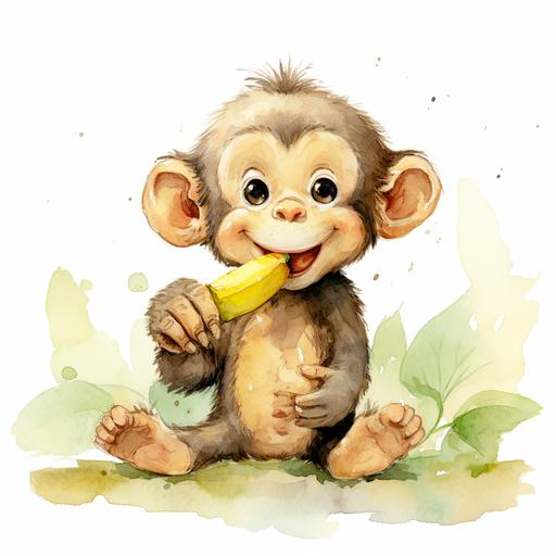 a cute little monkey is eating banana, in the style of eiichiro oda, storybook illustration, watercolor illustrations, loose gestures, yumihiko amano, joyful and optimistic, fujifilm natura 1600