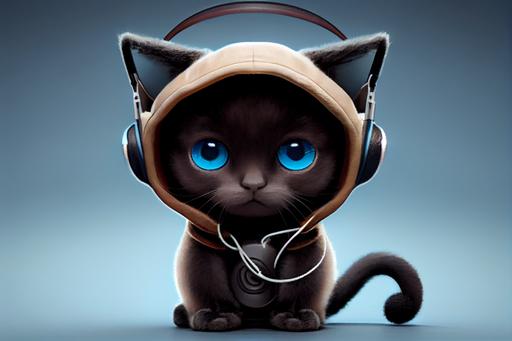 , a cute male black kitten with big blue eyes wearing headphones hosting a youtube channel --ar 3:2 --v 4 --upbeta