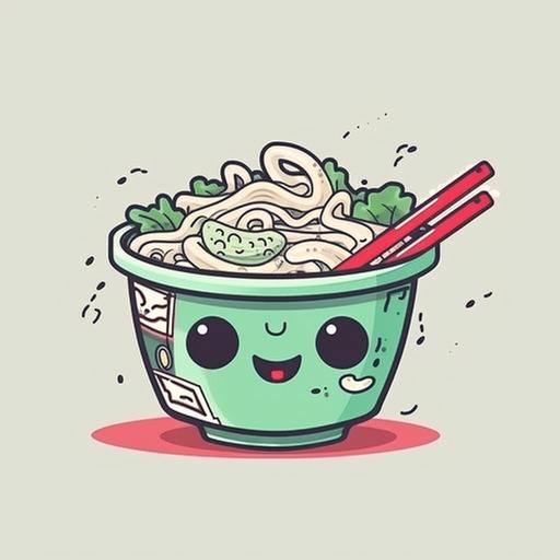 a cute noodle bowl with chopsticks, cartoon style, with Japanese lettering for a T-shirt design --v 5 --q 2 --s 250