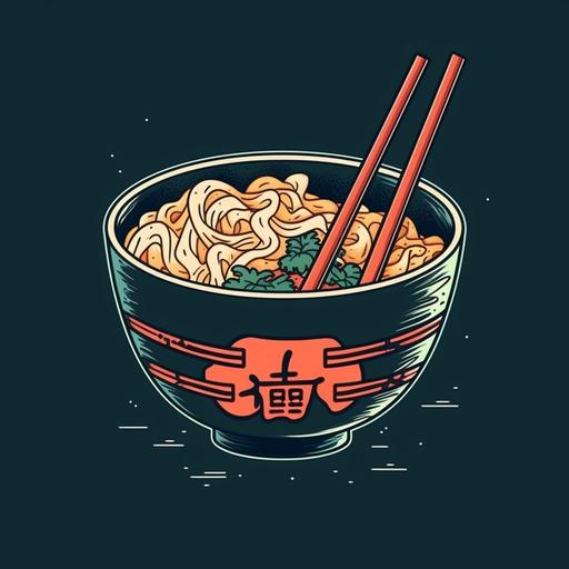 a cute noodle bowl with chopsticks, cartoon style, with Japanese lettering for a T-shirt design --v 5 --q 2 --s 250