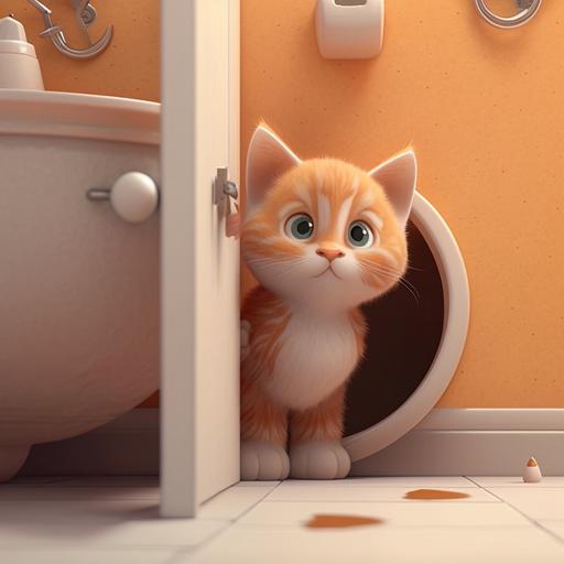 a cute orange and white kitten entering in the bathroom, 3D, animation style--16:9