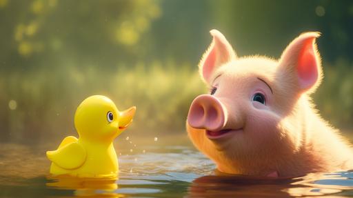 a cute pig giving a high-five to a rubber duck, funny, pixar style --ar 16:9