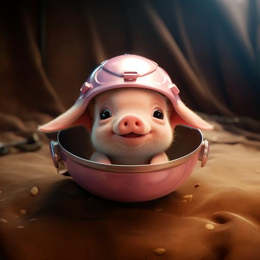a cute pig wearing a bowl as a helmet, funny, pixar style