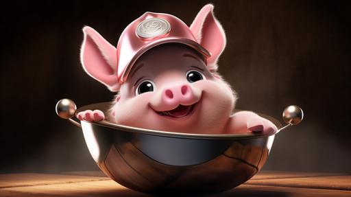 a cute pig wearing a bowl as a helmet, funny, pixar style --ar 16:9