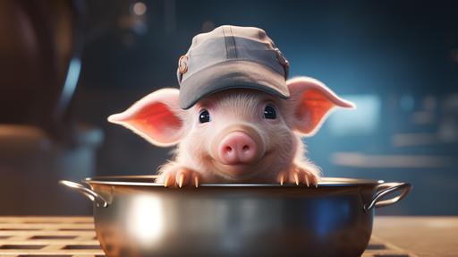 a cute pig wearing a bowl as a helmet, funny, pixar style --ar 16:9
