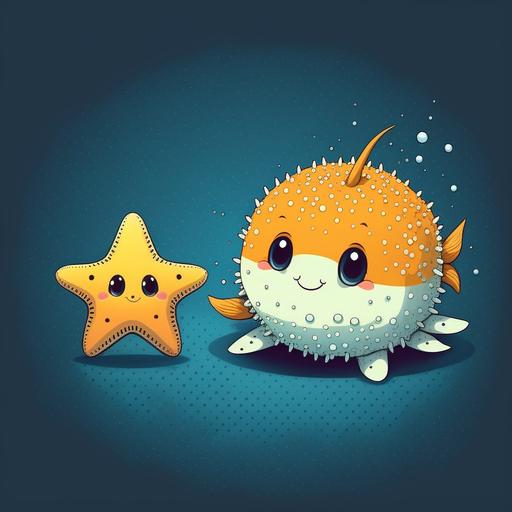 a cute pufferfish and starfish cartoon