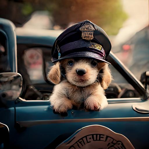a cute puppy wearing a cop hat, riding a cops car --s 750 --q 2 --upbeta