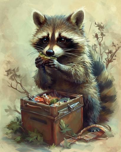 a cute raccoon eating from a kawaii bento box filled with trash, in the style of adi granov, style of Kevin hill, victorian genre paintings, furry art, warm tonal range, style of matti suuronen --v 6.0 --ar 4:5