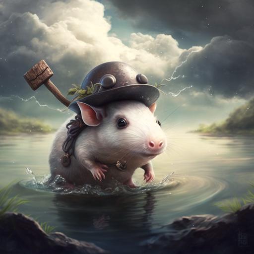 a cute rat wearing a funny hat riding a rabbit , runnung from a cumulonimbus stream over a shallow river