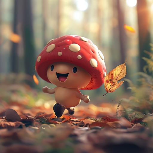 a cute red mushroom character running through a forest with a pet leaf in a game concept style --s 250 --v 6.0