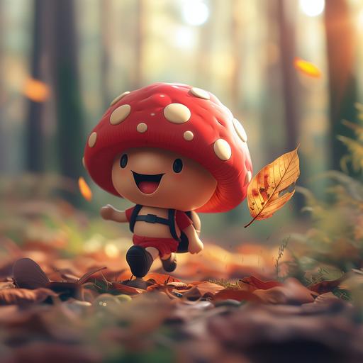 a cute red mushroom character, wearing a backpack, running through a forest with a pet leaf in a game concept style --s 250 --v 6.0