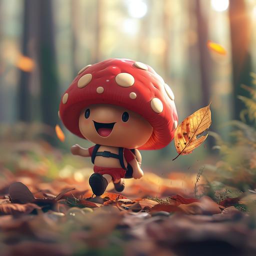 a cute red mushroom character, wearing a backpack, running through a forest with a pet leaf in a game concept style --s 250 --v 6.0