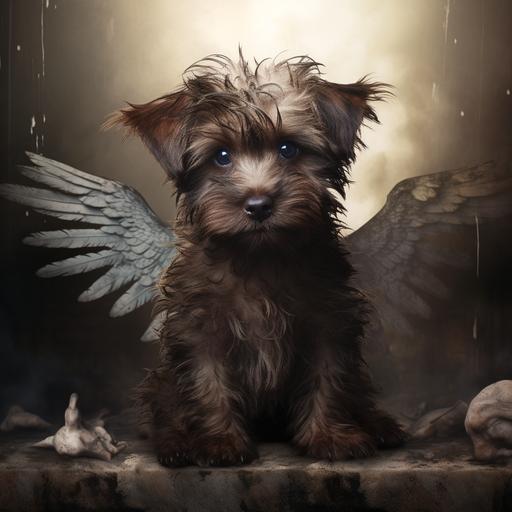 a cute scraggly dirty puppy with angel wings