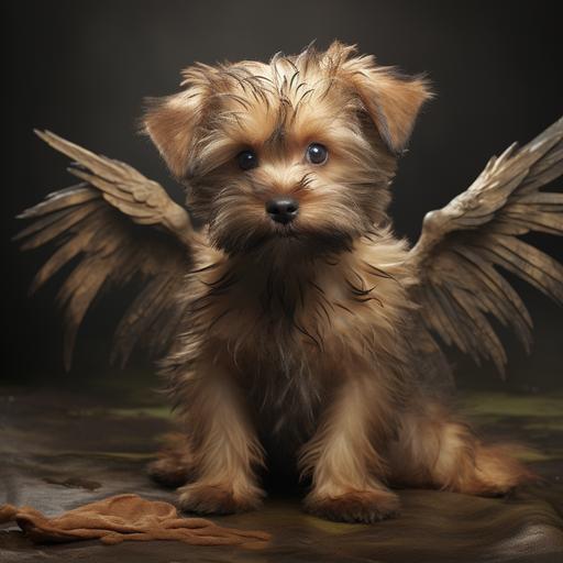 a cute scraggly dirty puppy with angel wings