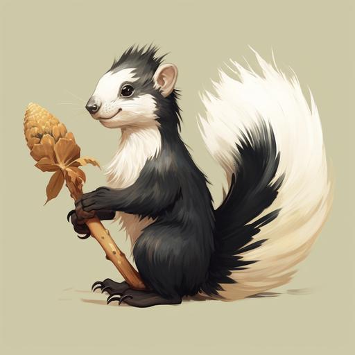 a cute skunk holding a chicken leg, whole body, skunk tail