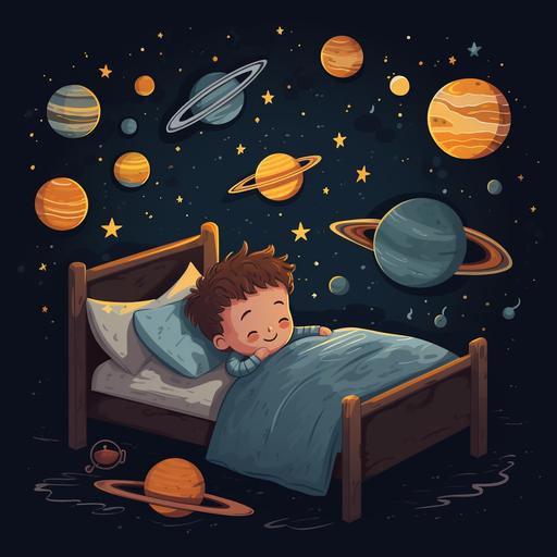 a cute small cartoon sleeping with eyes closed in bed with a poster of the solar system on the wall on a black background