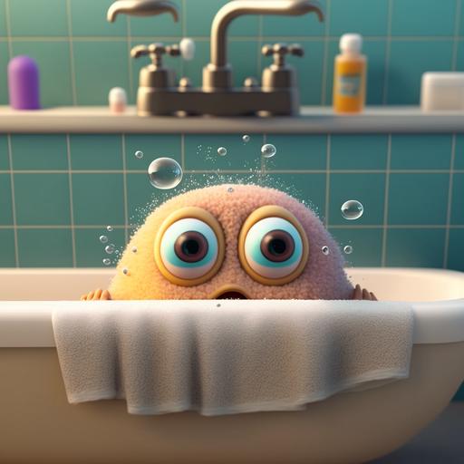 a cute soap with eyes stands on a bathtub, bubbles, cartoon, ultra realistic, cinematic, ultra detailed, 8k --v 4