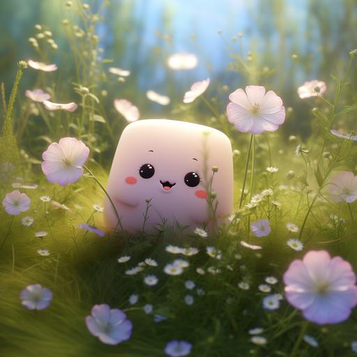 a cute squish mallow is sitting in a medow of flowers, soft pastel