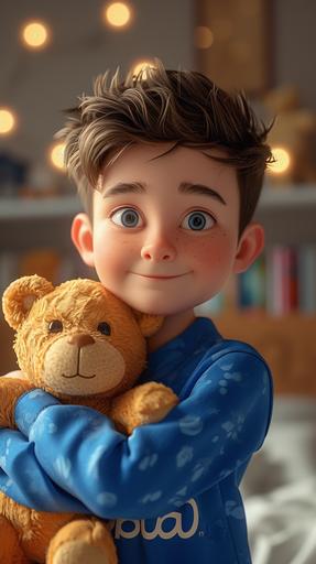 a cute tween boy in soft blue pajamas hugs his teddy bear before going to bed, Disney Hybrid style. 3D Cartoon, Hyper-Detailed, Disney Digital Style, soft colorful blending --ar 9:16 --stylize 500 --v 6.0