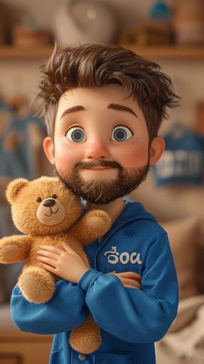 a cute tween boy in soft blue pajamas hugs his teddy bear before going to bed, with moustache and beard , Disney Hybrid style. 3D Cartoon, Hyper-Detailed, Disney Digital Style, soft colorful blending --ar 9:16 --stylize 500 --v 6.0