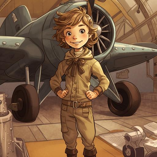 a cute very detailled and stunning cartoon image of child Amelia Earhart in the middle of the page with the background of 1930's style military airport, she is wearing a pilot costume, no text in the whole picture. --v 5.1