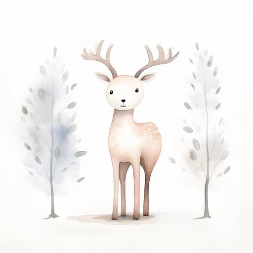 a cute watercolor minimalistic simple reindeer , organic forms, in the style of Jon Klassen, light and airy pastel color palette, nursery art, white background